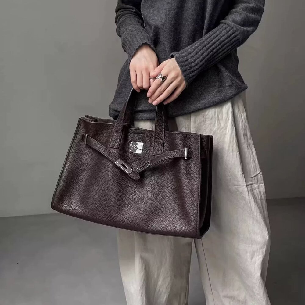 Elegant Dark Brown Leather Tote Bag for Women